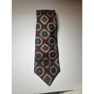 G J CAHN Silk Geometric Pattern Burgundy Blue Men's Necktie Handmade